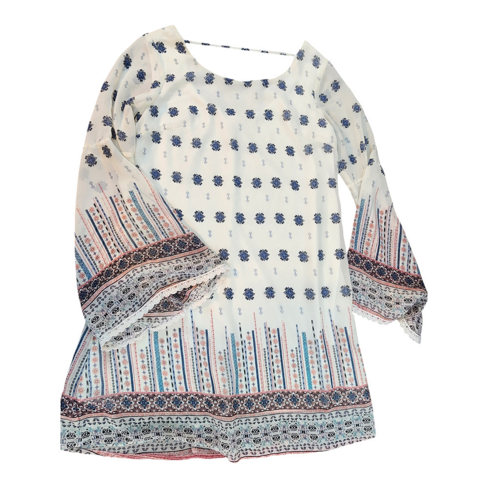 Xhilaration womens sz small mini dress long bell sleeve boho pink blue white
